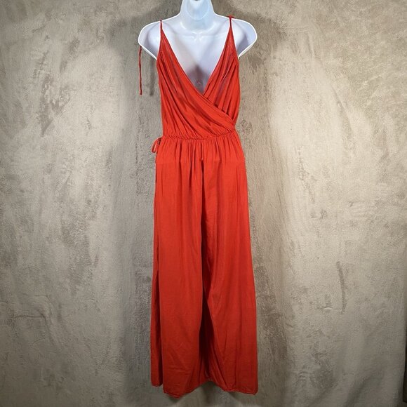 Red Wide Leg Palazzo Jumpsuit M Cotton V Neck Lightweight Summer Travel Resort - Picture 7 of 15